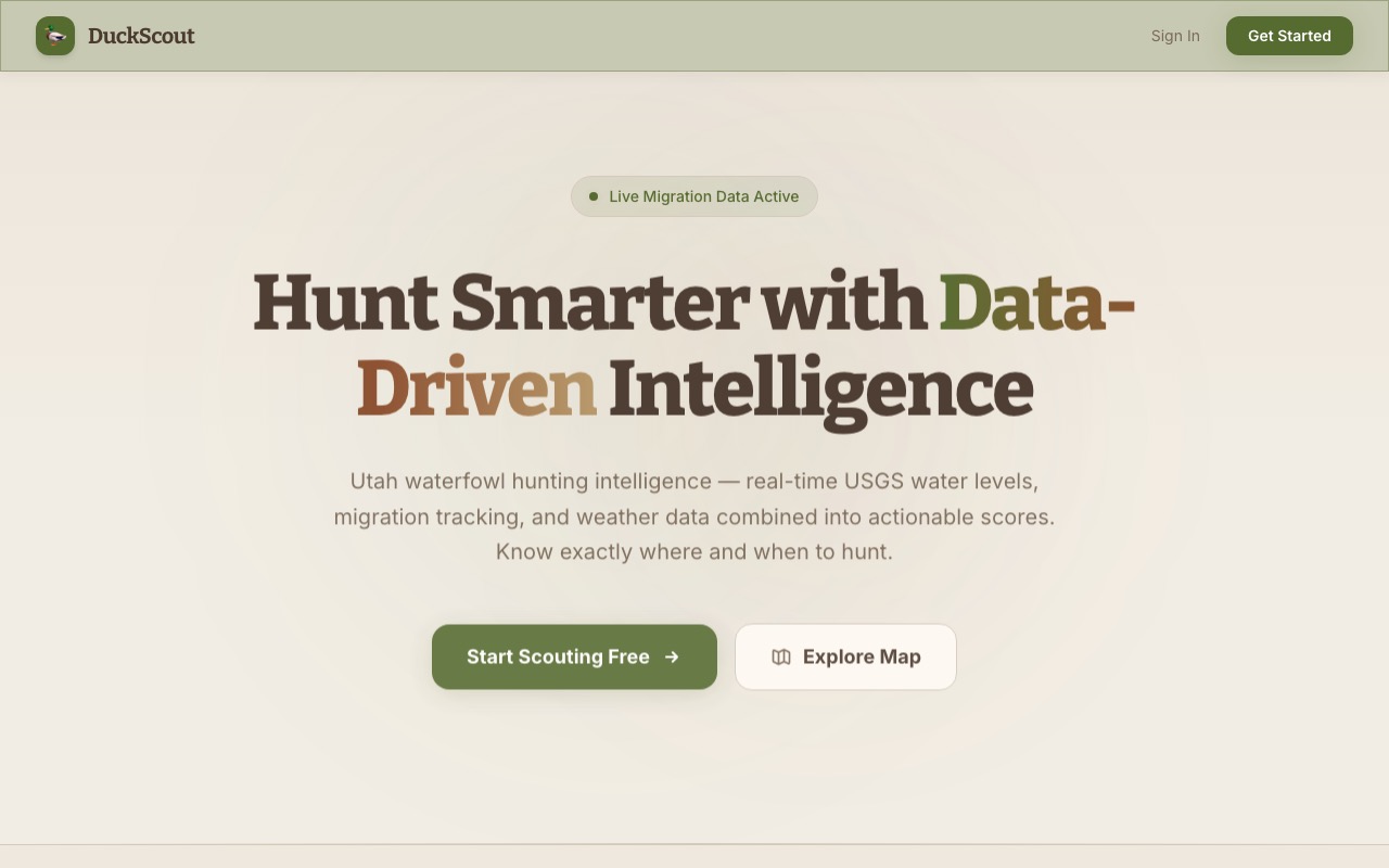 DuckScout landing page: Hunt Smarter with Data-Driven Intelligence